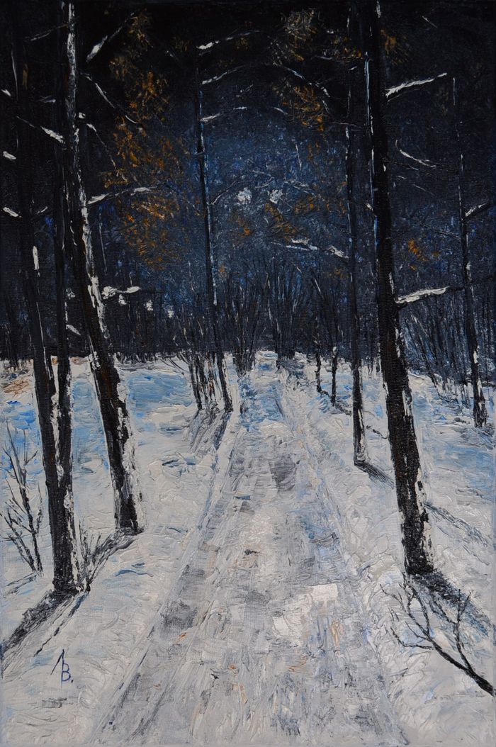 Зимняя аллея, освещенная фонарями (Winter alley lit by lanterns)